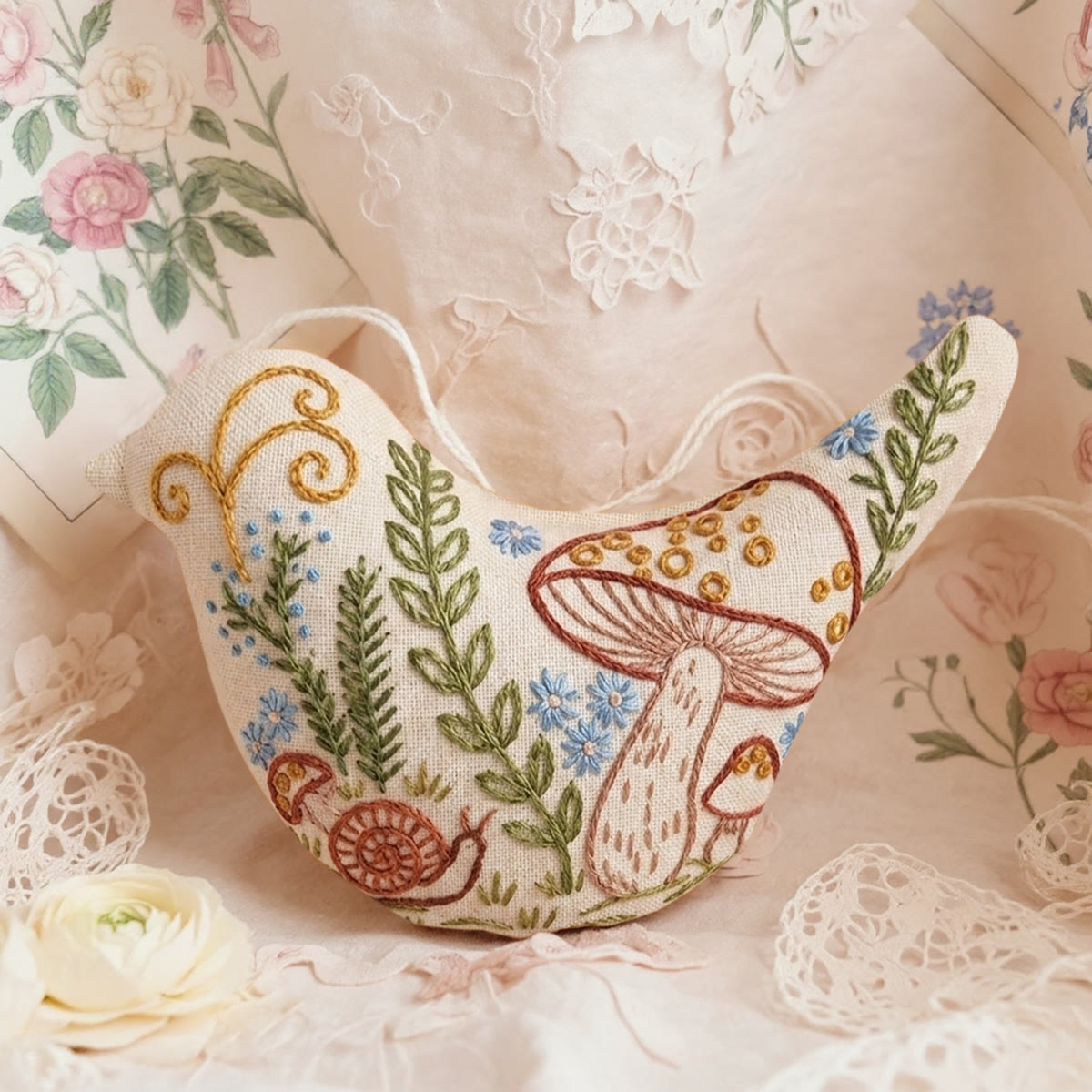 Rubbyoo Bird-shaped Embroidery Kit - Mushroom And Snail | Enchanting Gift For Mom | Cottagecore Handmade Decor - 6 inches hoop kit - image 1