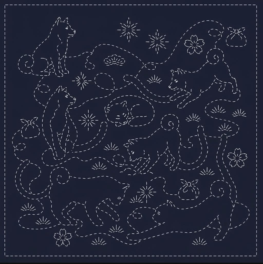 Rubbyoo Sashiko Embroidery Kit - Shiba Silhouette And Sakura | Traditional Hand Stitch | Stress Relief Craft - 20*20cm - image 1