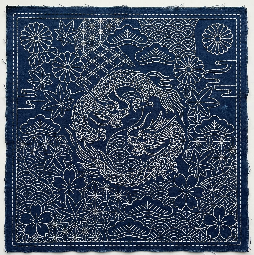 Rubbyoo Sashiko Embroidery Kit - Twin Dragons Pattern | Handmade Needlework Art | Maximalist Decor - 20*20cm - image 1