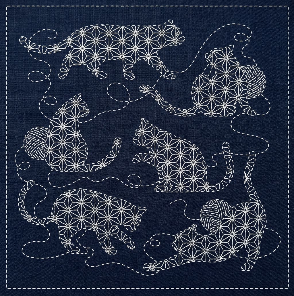 Rubbyoo Sashiko Embroidery Kit - Cat Asanoha Pattern | Slow Stitching Art | Nursery Decor - 20*20cm - image 1