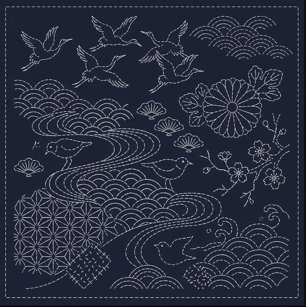 Rubbyoo Sashiko Embroidery Kit - Flying Cranes And Flowing Water | Unique Birthday Gift | Dining Room Wall Art - 20*20cm - image 1
