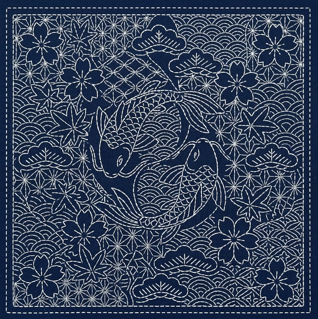 Rubbyoo Sashiko Embroidery Kit - Double Koi And Pine Clouds | Wedding Anniversary Gift | Oriental Home Decor - 20*20cm - image 1