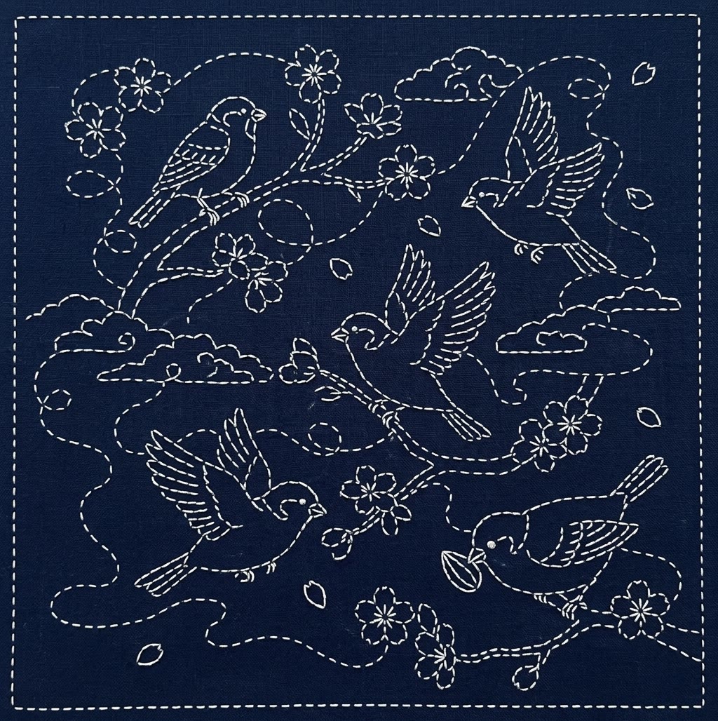 Rubbyoo Sashiko Embroidery Kit - Flying Birds And Cherry Blossom | Japanese Wall Decor | Beginner-friendly - 20*20cm - image 1