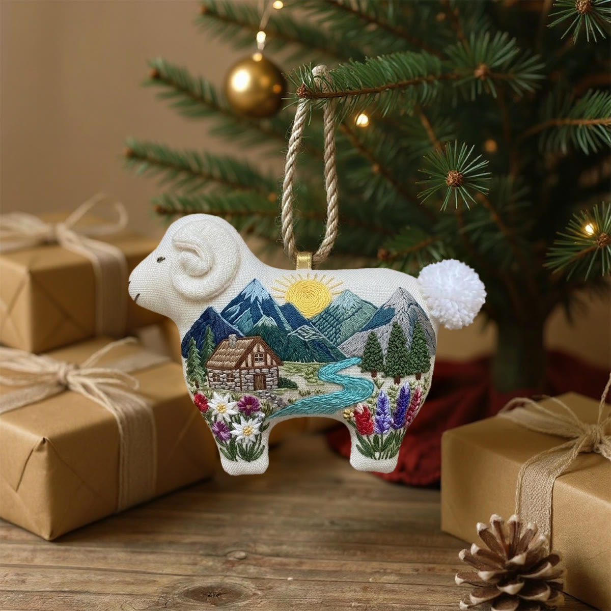 Rubbyoo Lamb-shaped Embroidery Kit - Mountain Cabin Scene | Cozy Home Decor | Handmade Wall Art - 6 inches hoop kit - image 2