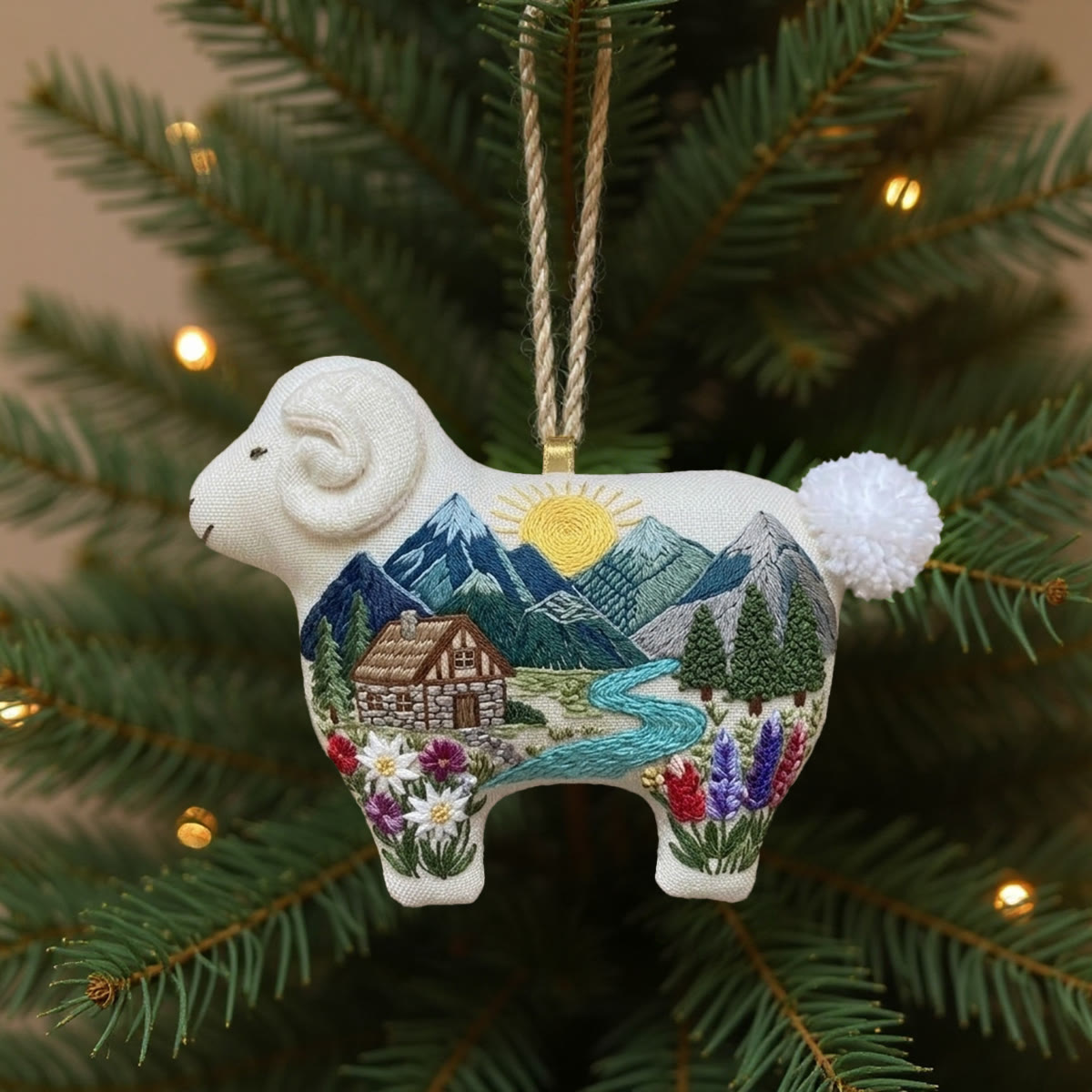 Rubbyoo Lamb-shaped Embroidery Kit - Mountain Cabin Scene | Cozy Home Decor | Handmade Wall Art - image 1