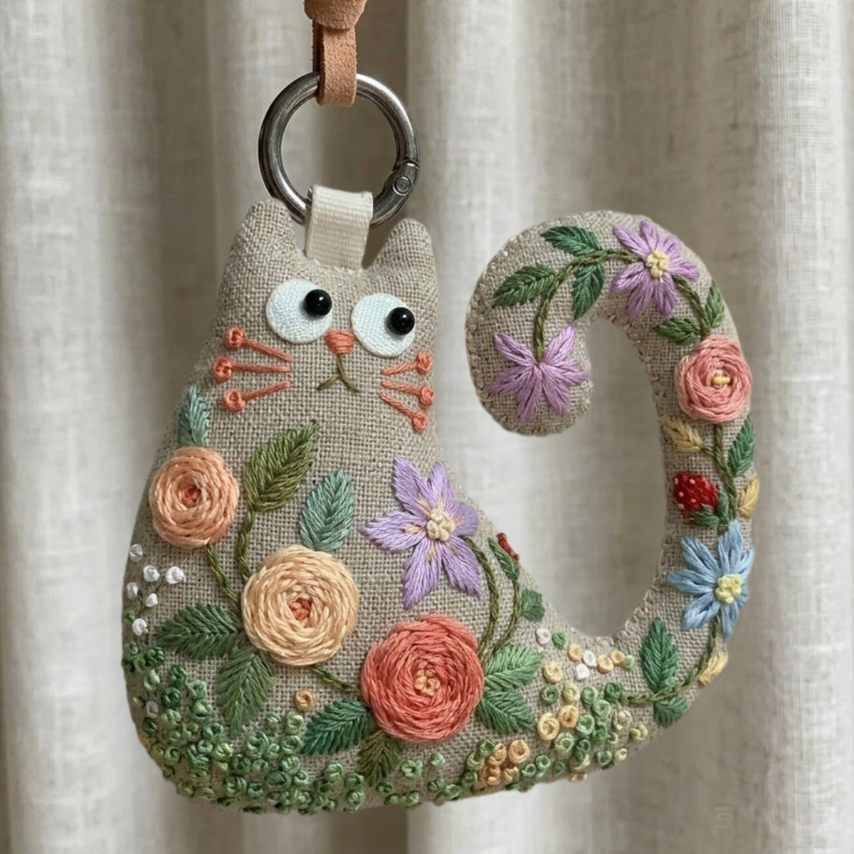 Rubbyoo Cat Embroidery Kit - Apricot And Peach Roses | Cute Gift For Her | Cottagecore Bag Charm - 6 inches hoop kit - image 1