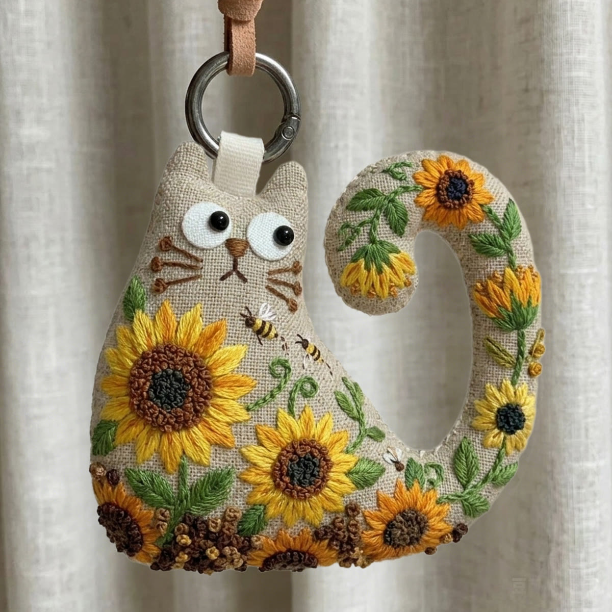 Rubbyoo Cat Embroidery Kit - Golden Sunflower And Bee | Handmade Nature Inspired Gift | Bright Nursery Wall Hanging - 6 inches hoop kit - image 1