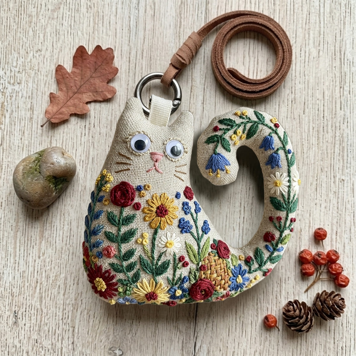 Rubbyoo Cat Embroidery Kit - Wildflower Meadow Theme With Bluebells And Roses | Mother's Day Keepsake | Cottagecore Bag Charm - 6 inches hoop kit - image 1
