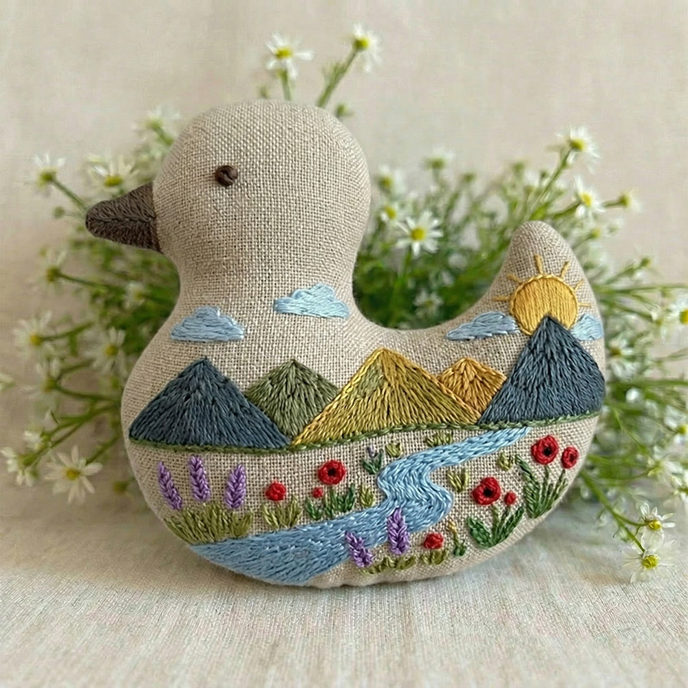 Rubbyoo Duck Embroidery Kit - Mountain And Stream Scenery | Bag Pendant | Creative Handmade Gift Idea - 6 inches hoop kit - image 1