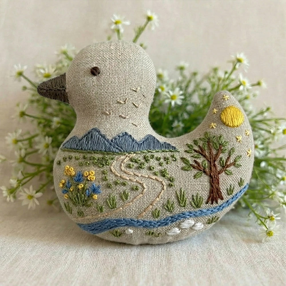 Rubbyoo Duck Embroidery Kit - Scenery With Yellow Wildflowers | Bag Pendant | Creative Handmade Gift Idea - 6 inches hoop kit - image 1