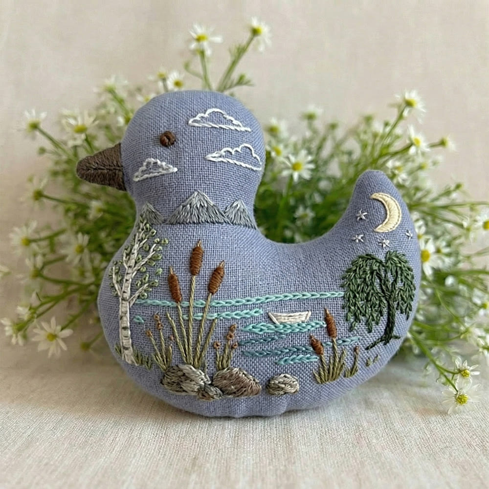 Rubbyoo Duck Embroidery Kit - Moonlight Reed Marsh Scenery | Bag Pendant | Creative Handmade Gift Idea - 6 inches hoop kit - image 1