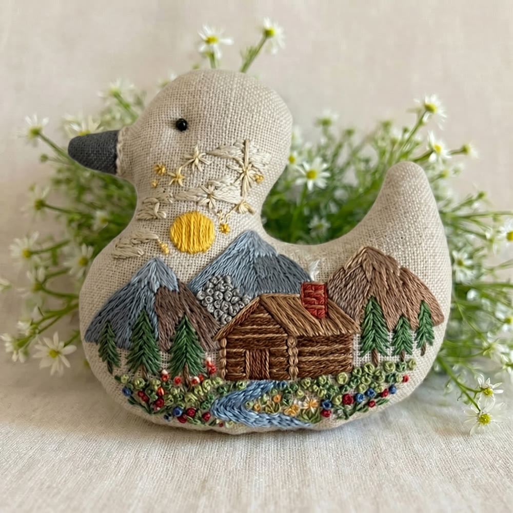 Rubbyoo Duck Embroidery Kit - Natural Hillside House View | Small Pendant Decor | Exquisite Handmade Ornament - 6 inches hoop kit - image 1