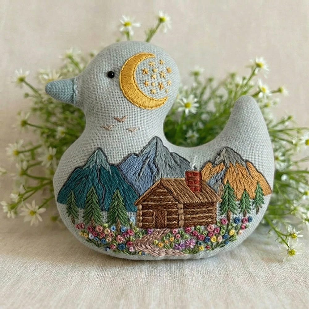 Rubbyoo Duck Embroidery Kit - Serene Moonlit Mountain Cabin View | Bag Hanging Charm | Lovely Handmade Art - 6 inches hoop kit - image 1