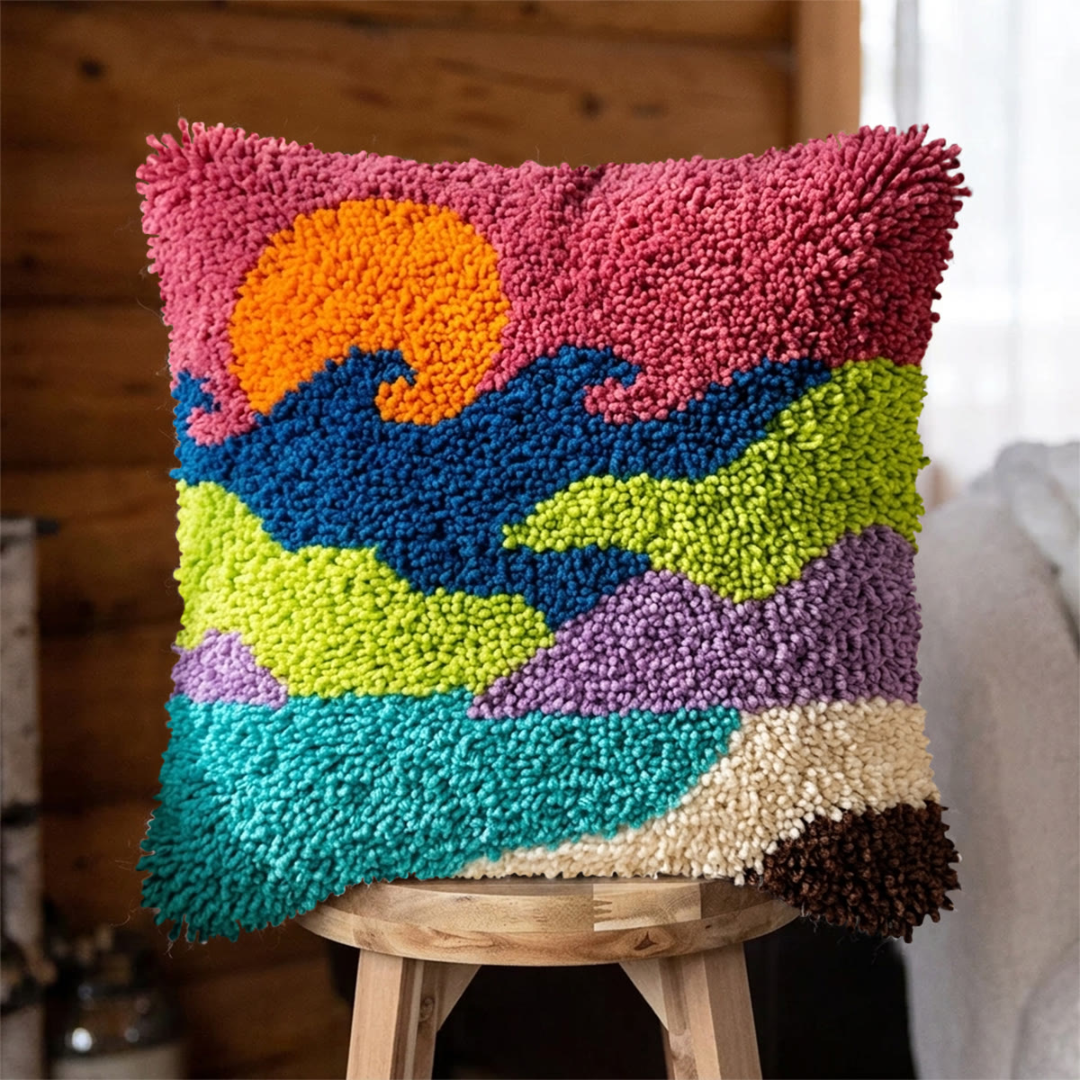 Rubbyoo Latch Hook Pillow Kit - Colourful Waves | Easy Handmade Craft | Nice For Housewarming Gift - 43*43cm - image 1