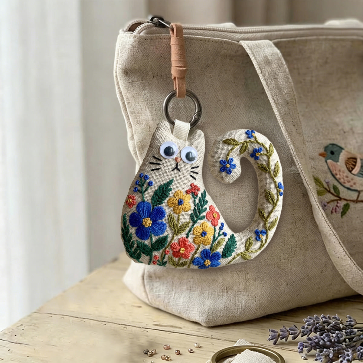 Rubbyoo Cat Embroidery Kit - Colorful Wildflower And Leafy Vine | Handmade Gift For Her | Cottagecore Bag Charm - image 3