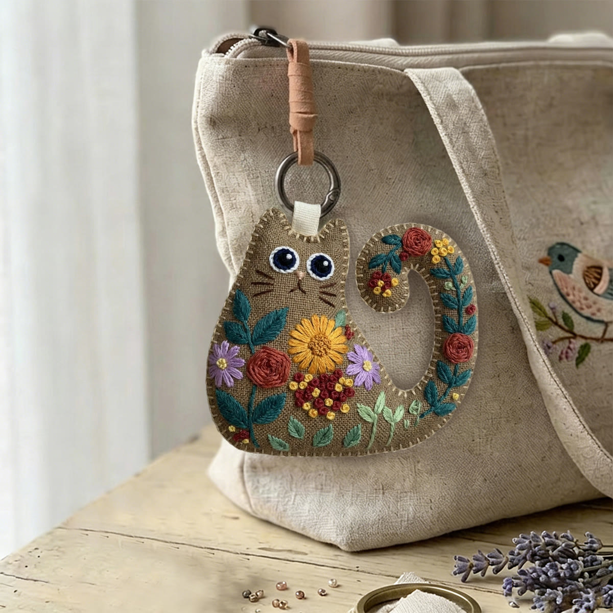 Rubbyoo Cat Embroidery Kit - Colorful Floral Pattern | Small Cute Handmade Gift For Her | Rustic Fabric Ornament - image 3