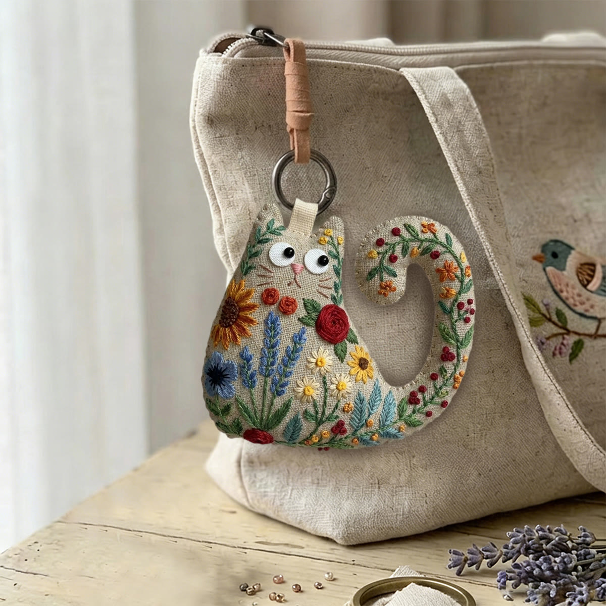 Rubbyoo Cat Embroidery Kit - Sunflowers And Lavender | Bright Housewarming Keepsake | Colorful Bag Charm - image 3