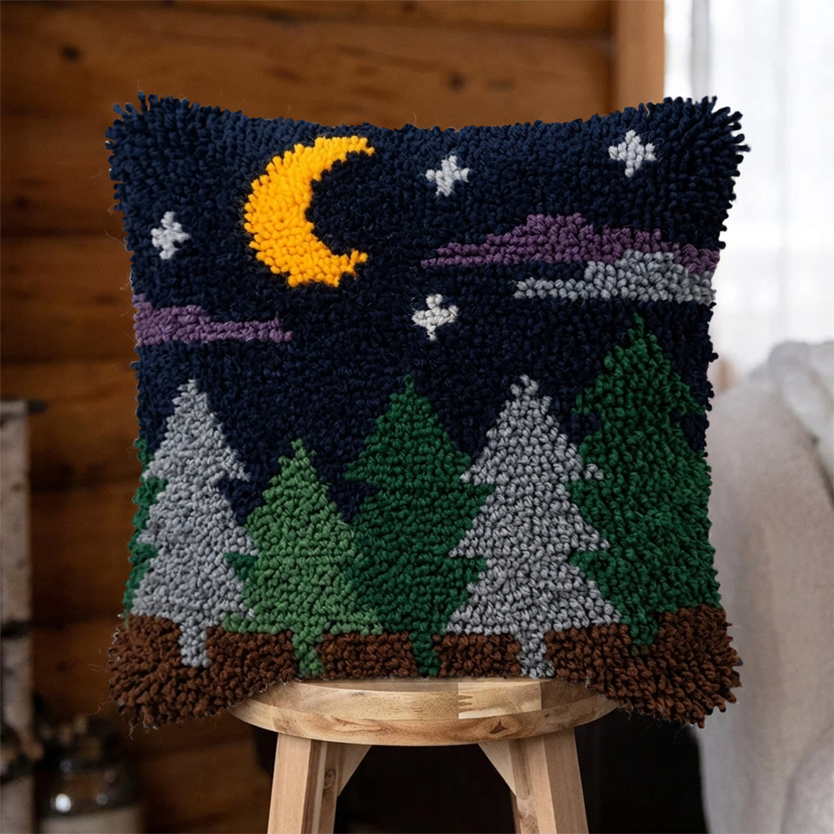 Rubbyoo Latch Hook Pillow Kit - Midnight Forest | Square Cushion Cover | Unique Home Decor  - 43*43cm - image 1