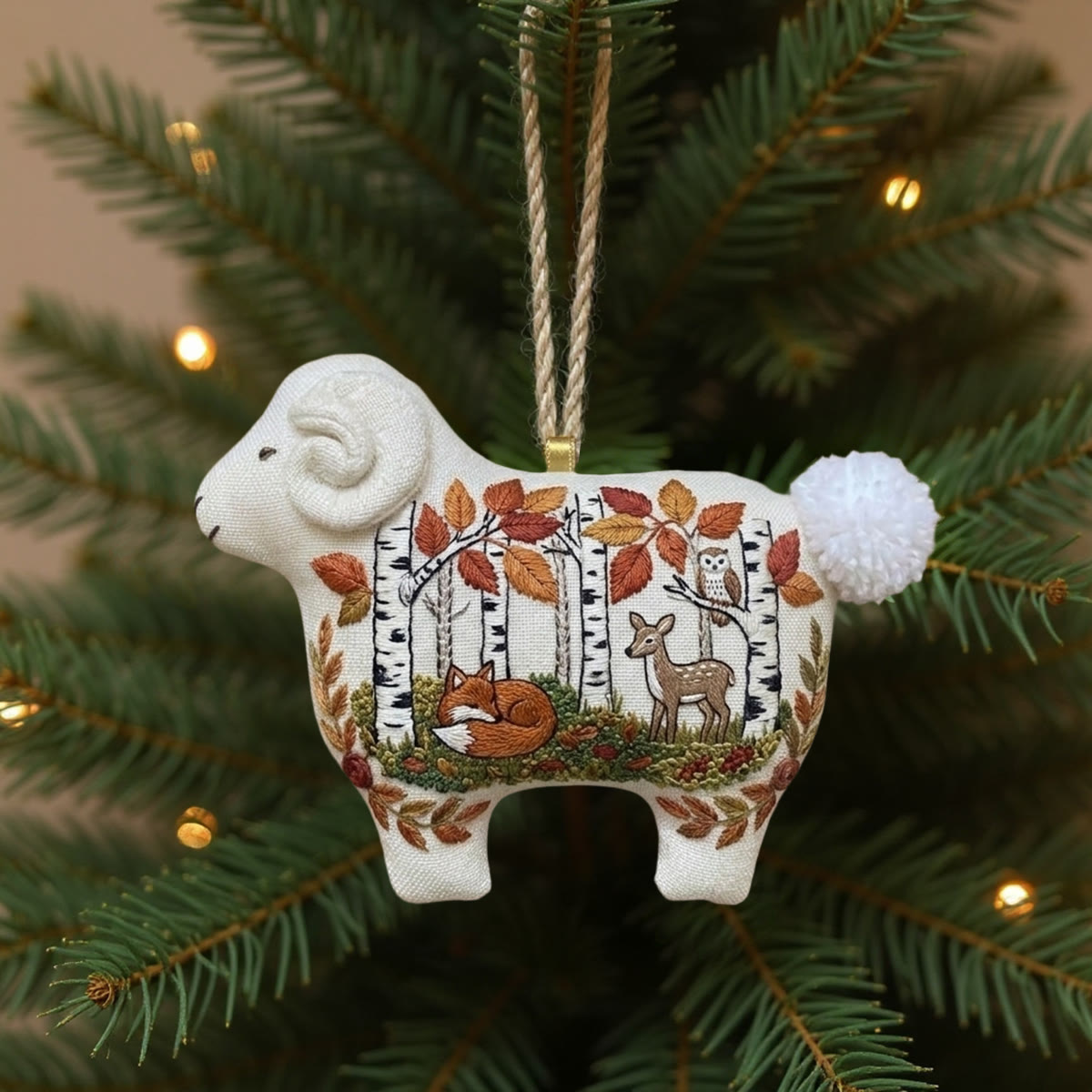 Rubbyoo Lamb-shaped Embroidery Kit - Sleeping Fox In Forest | Unique Housewarming Gift | Whimsical Hand-stitched Hanging Ornament - 6 inches hoop kit - image 1