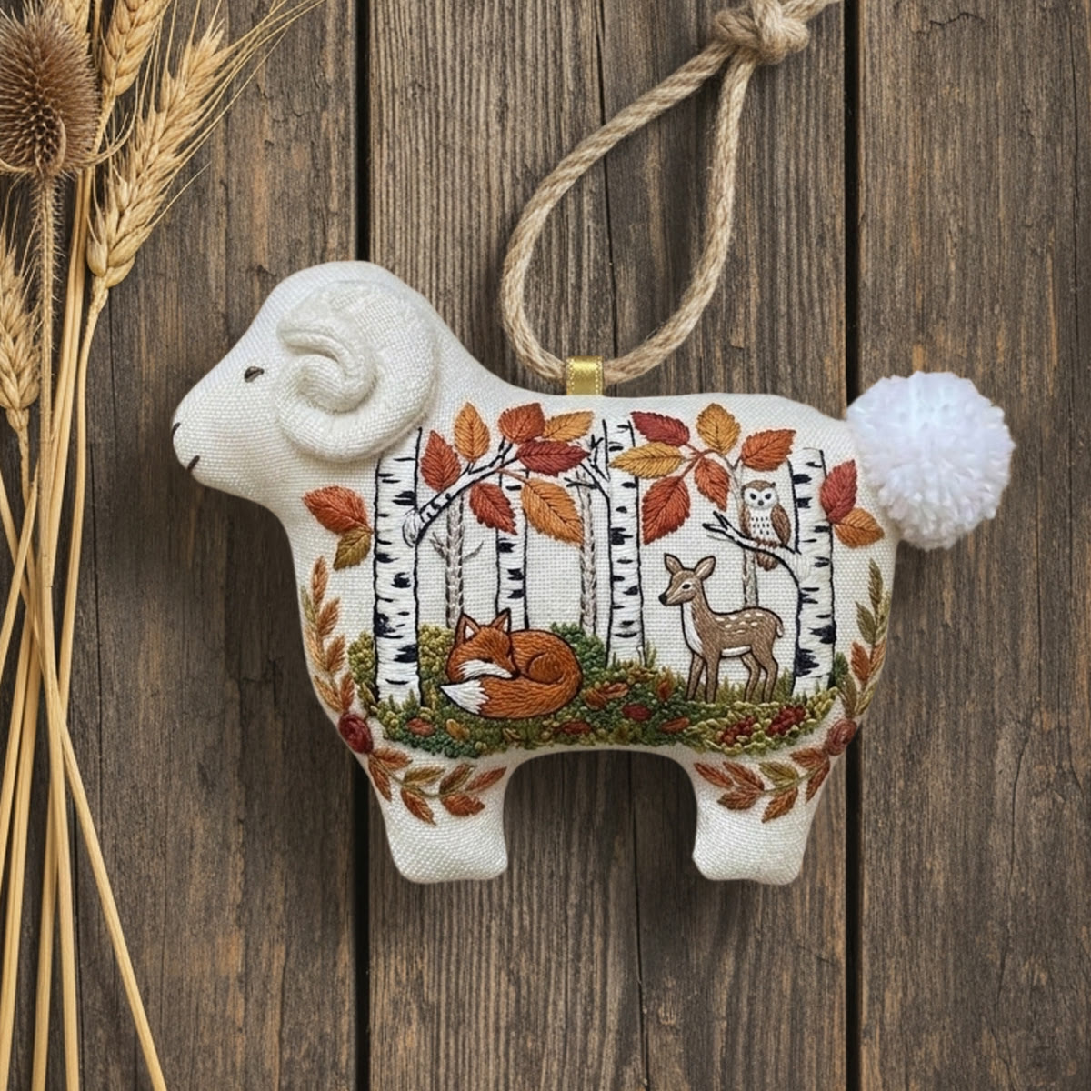 Rubbyoo Lamb-shaped Embroidery Kit - Sleeping Fox In Forest | Unique Housewarming Gift | Whimsical Hand-stitched Hanging Ornament - image 2