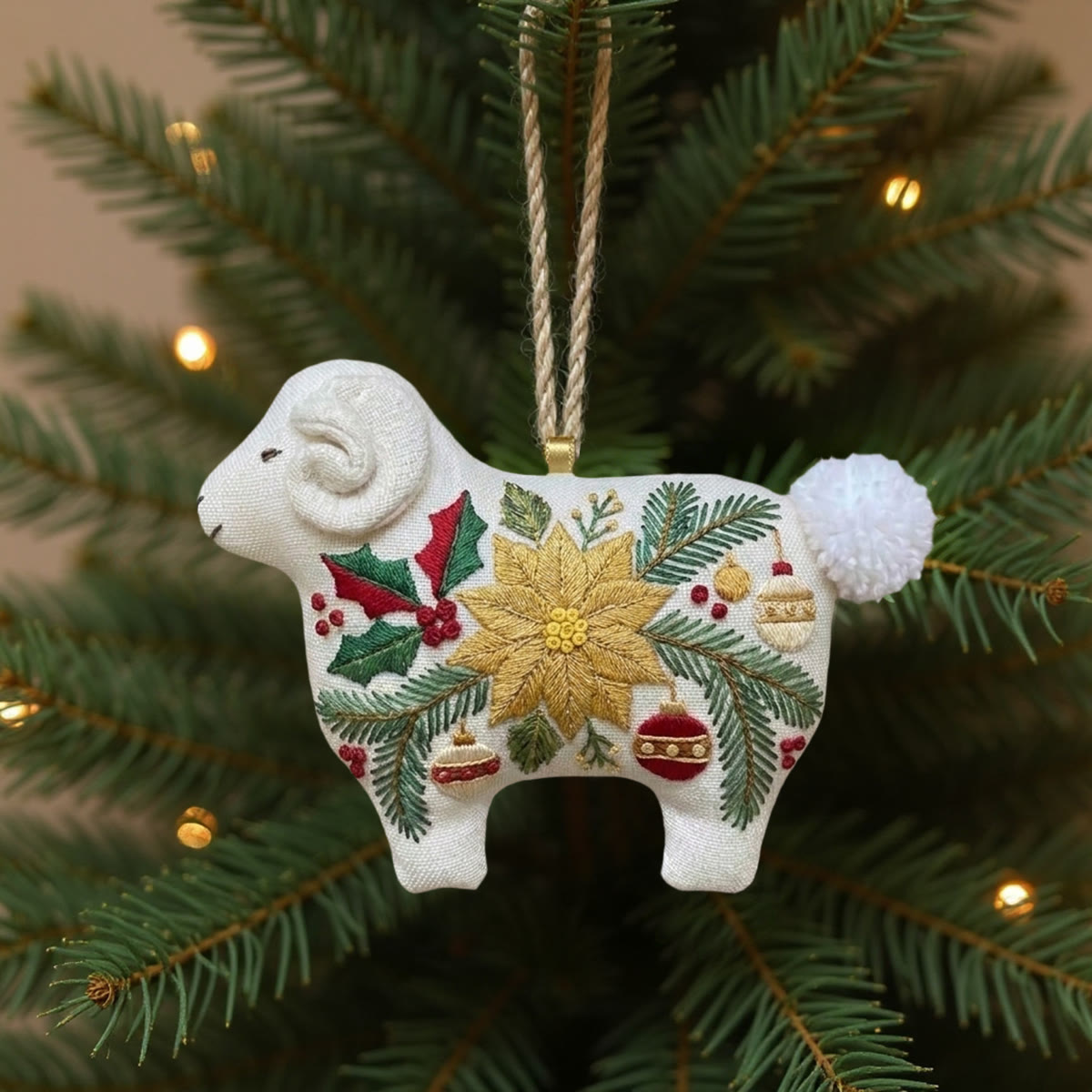 Rubbyoo Lamb-shaped Embroidery Kit - Golden Poinsettia And Holly Leaves | Elegant Gift For Her | Vintage Bag Charm - 6 inches hoop kit - image 1