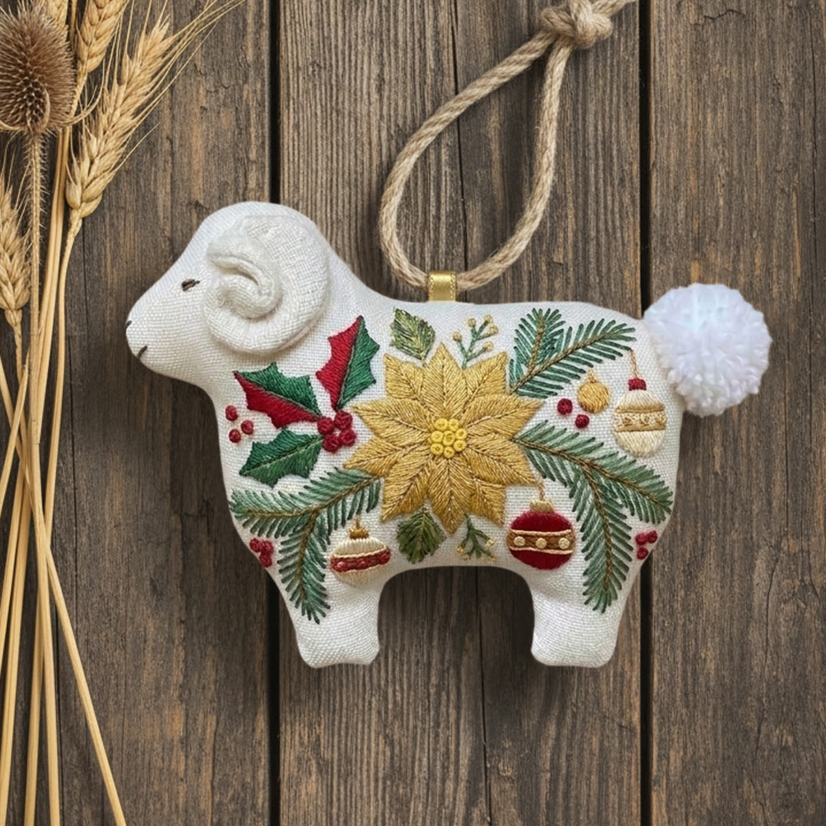 Rubbyoo Lamb-shaped Embroidery Kit - Golden Poinsettia And Holly Leaves | Elegant Gift For Her | Vintage Bag Charm - image 2