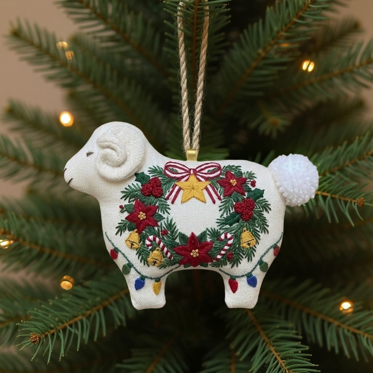 Rubbyoo Lamb-shaped Embroidery Kit - Festive Christmas Wreath | Whimsical And Playful Gift For Friends | Cottagecore Holiday Decor - 6 inches hoop kit - image 1