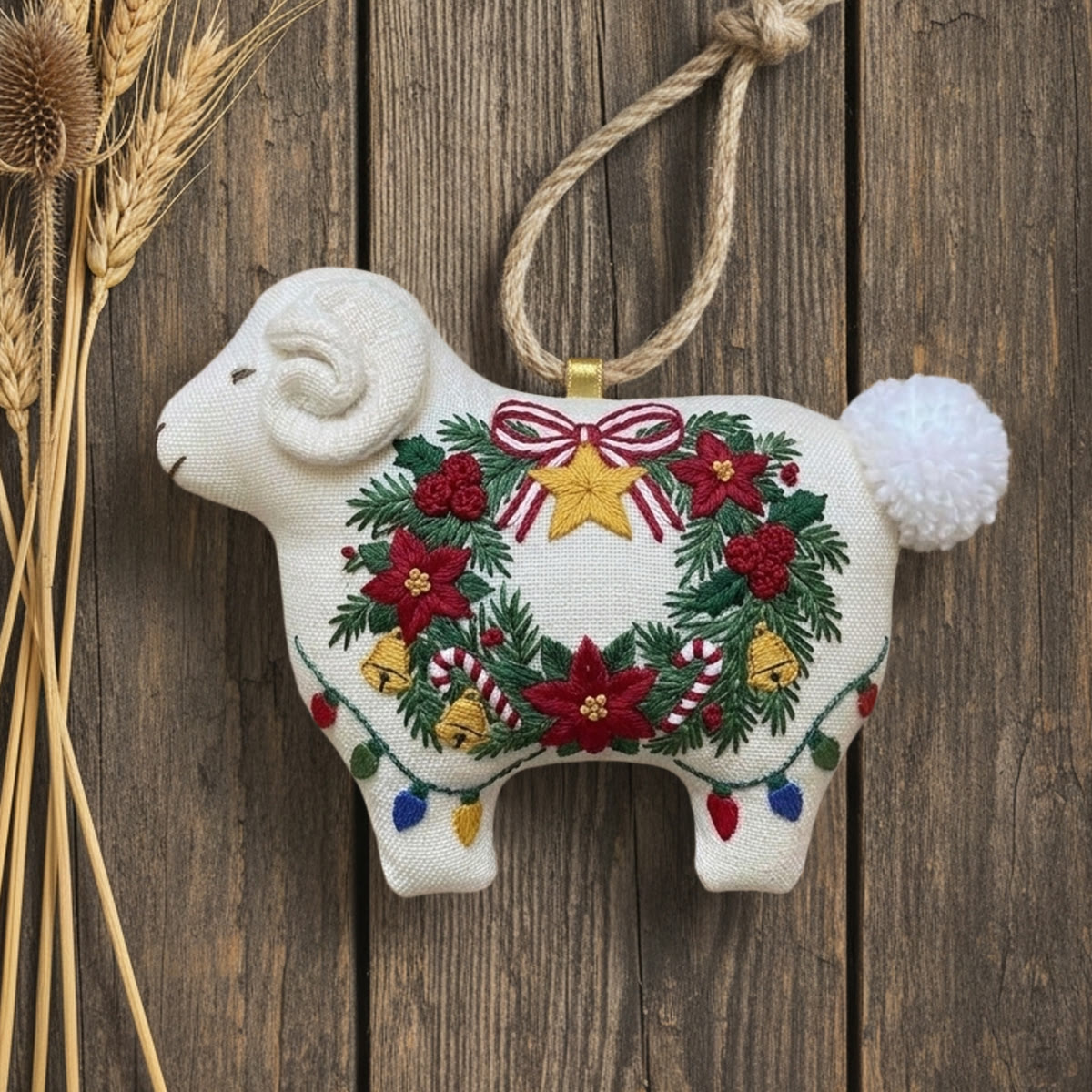 Rubbyoo Lamb-shaped Embroidery Kit - Festive Christmas Wreath | Whimsical And Playful Gift For Friends | Cottagecore Holiday Decor - image 2