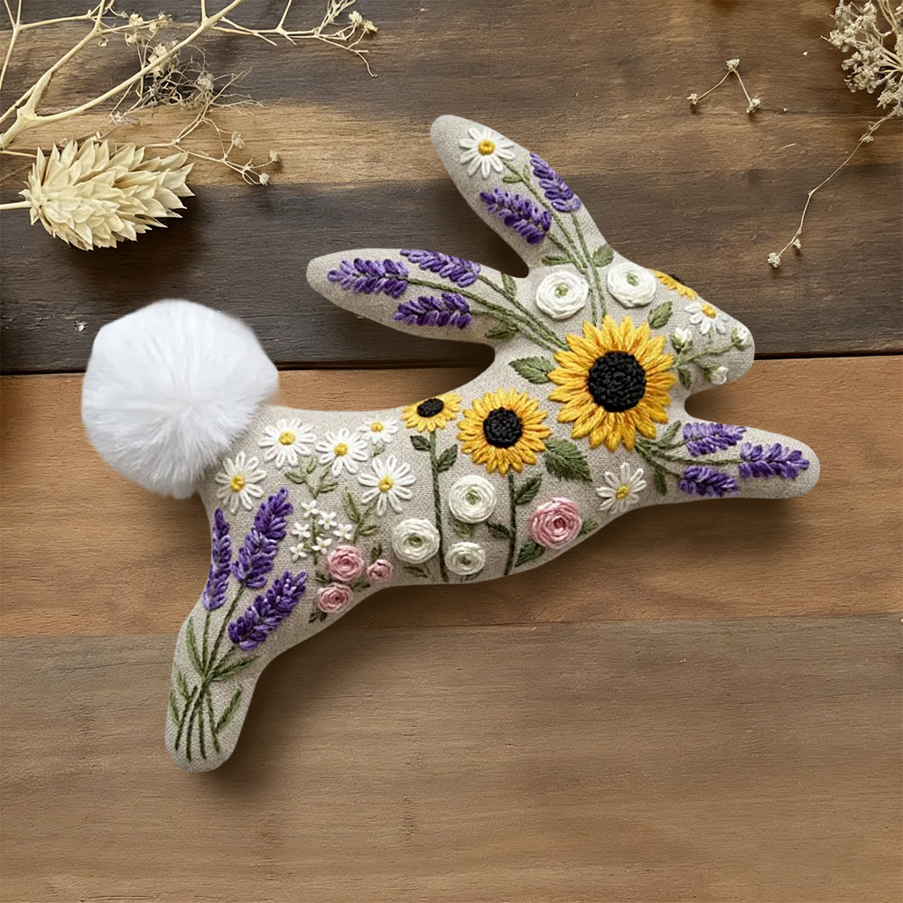 Rubbyoo Rabbit Embroidery Kit - Lavender And Sunflower | Special Floral Art | Diy Animal Doll - 6 inches hoop kit - image 1