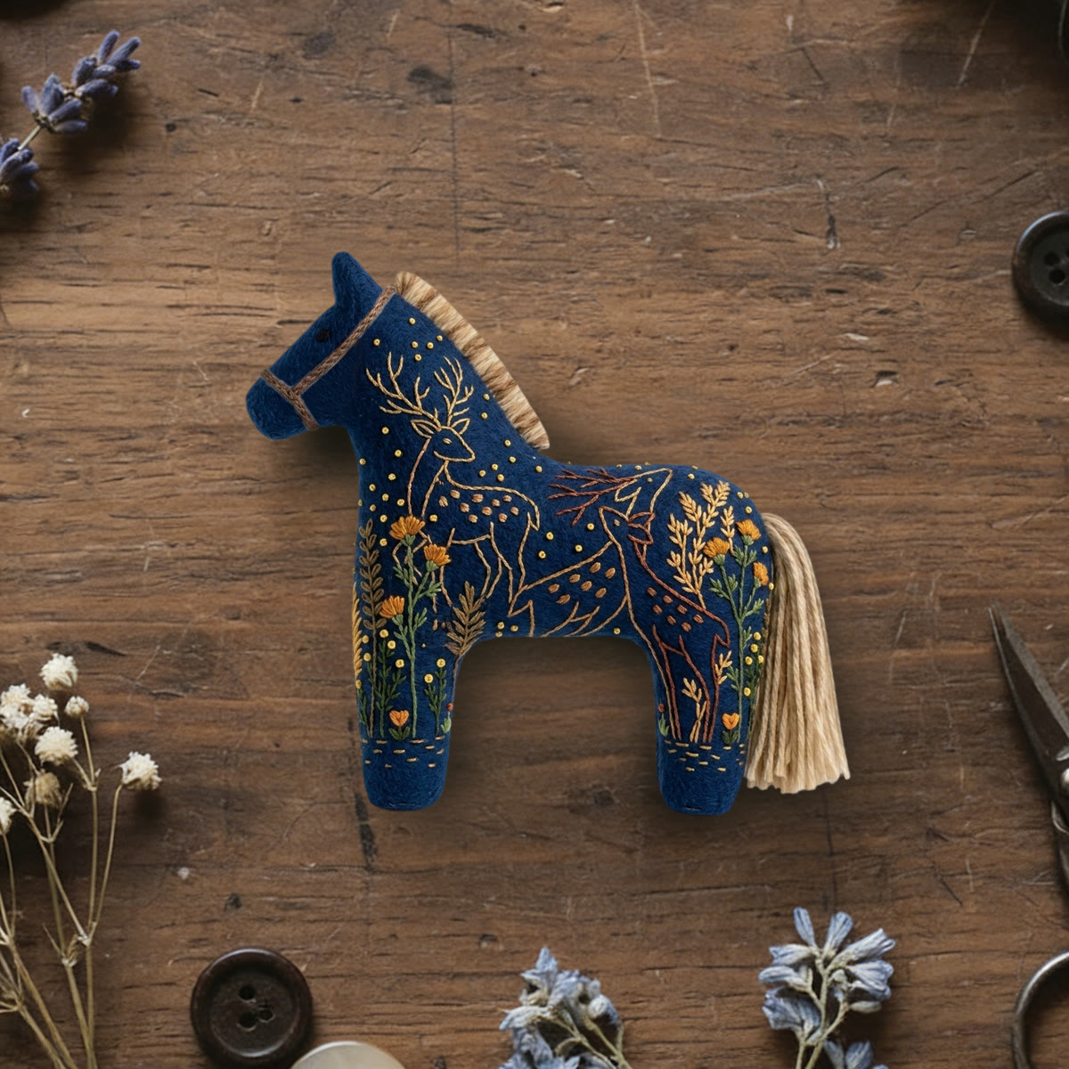 Rubbyoo Dala Horse Embroidery Kit - Golden Deer In Meadow | Unique Holiday Gift For Her | Whimsical And Elegant Bag Charm - 6 inches hoop kit - image 1