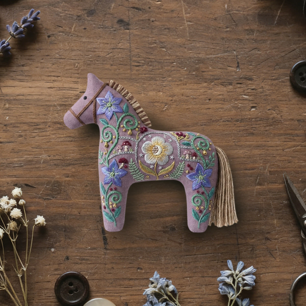 Rubbyoo Dala Horse Embroidery Kit - Bellflower And Daisy Design | Mother′s Day Floral Gift | Cozy Handmade Bedroom Accent - 6 inches hoop kit - image 1