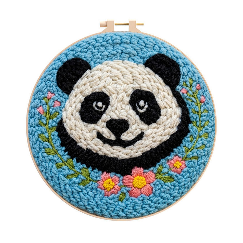 Floral Panda Punch Needle Kit - Adorable Animal Craft |  Diy Project For Beginner  - 8 inch Hoop Kit - image 1