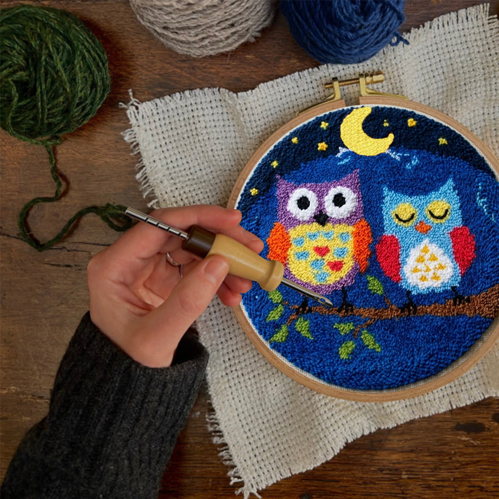 Owl In Night Punch Needle Kit - Handmade Yarn Hoop | Uniqe Home Accent - image 4
