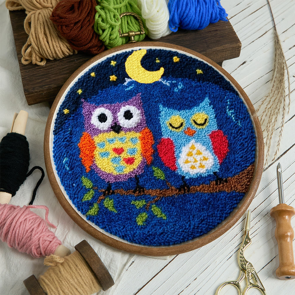 Owl In Night Punch Needle Kit - Handmade Yarn Hoop | Uniqe Home Accent - image 3