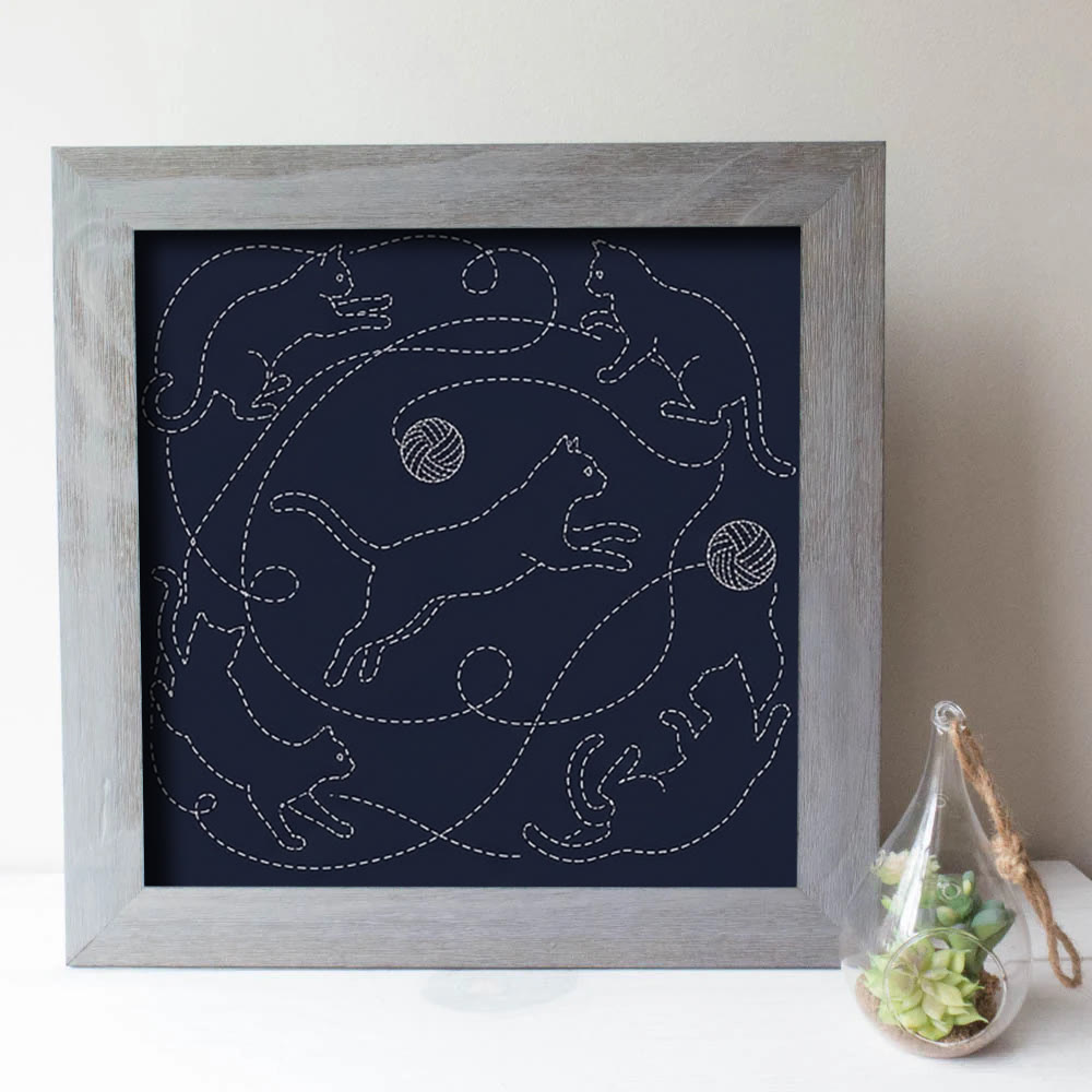 Rubbyoo Sashiko Embroidery Kit - Playful Cats And Yarn Balls | Unique Gift For Knitters | Modern Farmhouse Accent - image 2