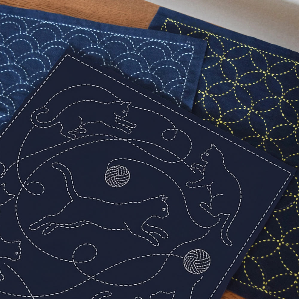 Rubbyoo Sashiko Embroidery Kit - Playful Cats And Yarn Balls | Unique Gift For Knitters | Modern Farmhouse Accent - 20*20cm - image 1