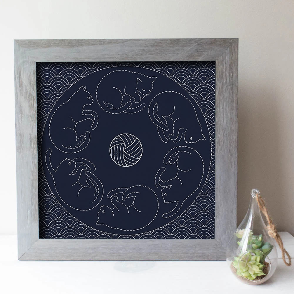 Rubbyoo Sashiko Embroidery Kit - Cats In A Circle Arrangement | Mothe′s Day Artisan Gift | Modern Nursery Decor - image 2