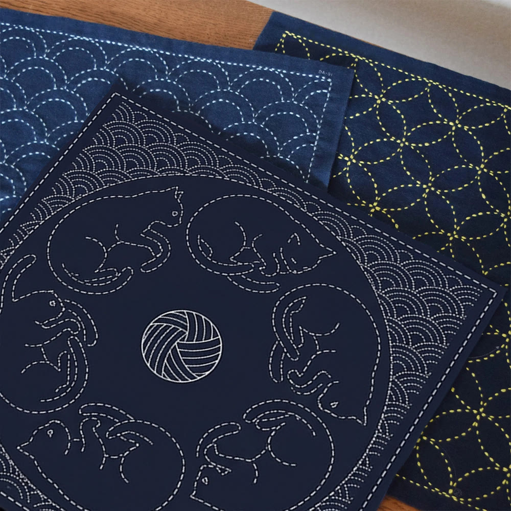 Rubbyoo Sashiko Embroidery Kit - Cats In A Circle Arrangement | Mothe′s Day Artisan Gift | Modern Nursery Decor - 20*20cm - image 1