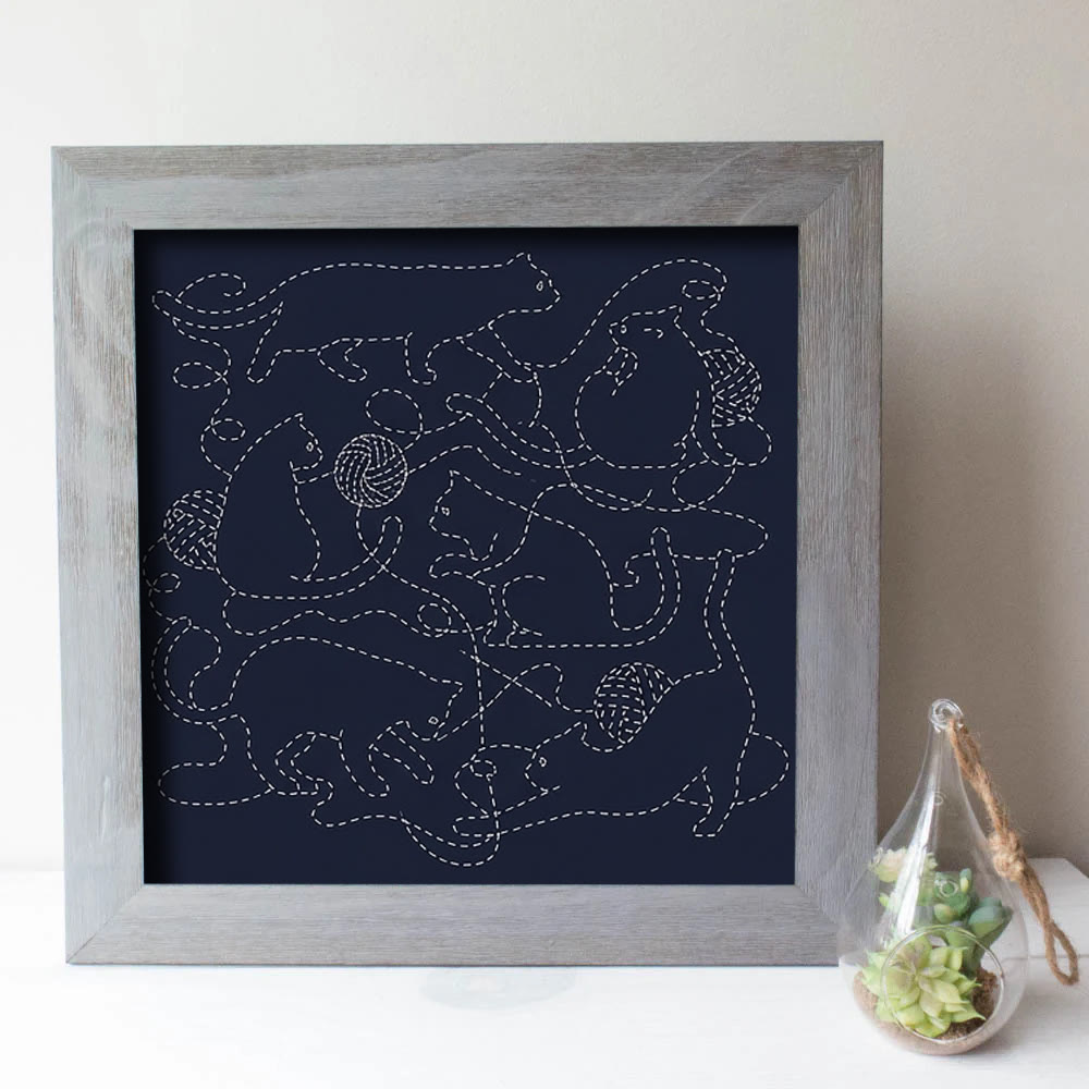 Rubbyoo Sashiko Embroidery Kit - Playful Cats Pattern | Gift For Embroiderers And Crafters | Bedroom Wall Hanging - image 2