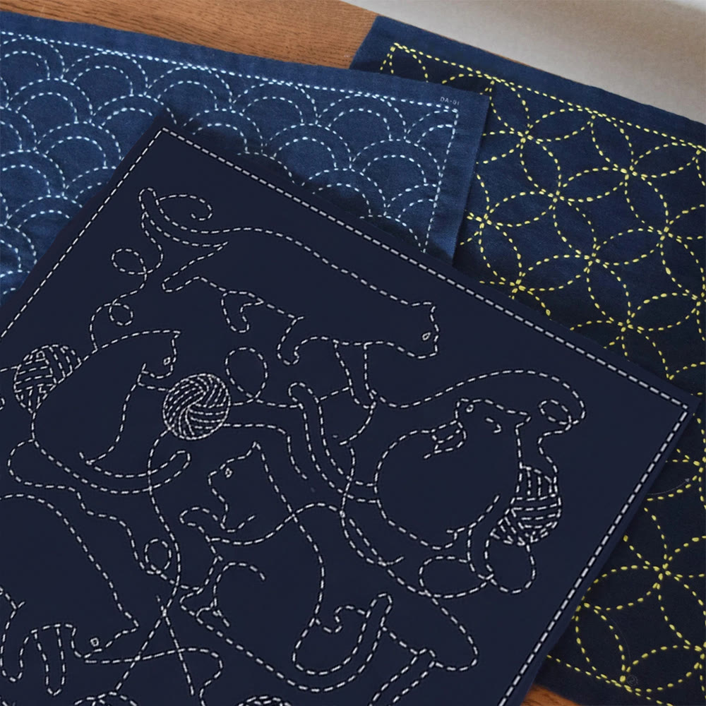 Rubbyoo Sashiko Embroidery Kit - Playful Cats Pattern | Gift For Embroiderers And Crafters | Bedroom Wall Hanging - 20*20cm - image 1