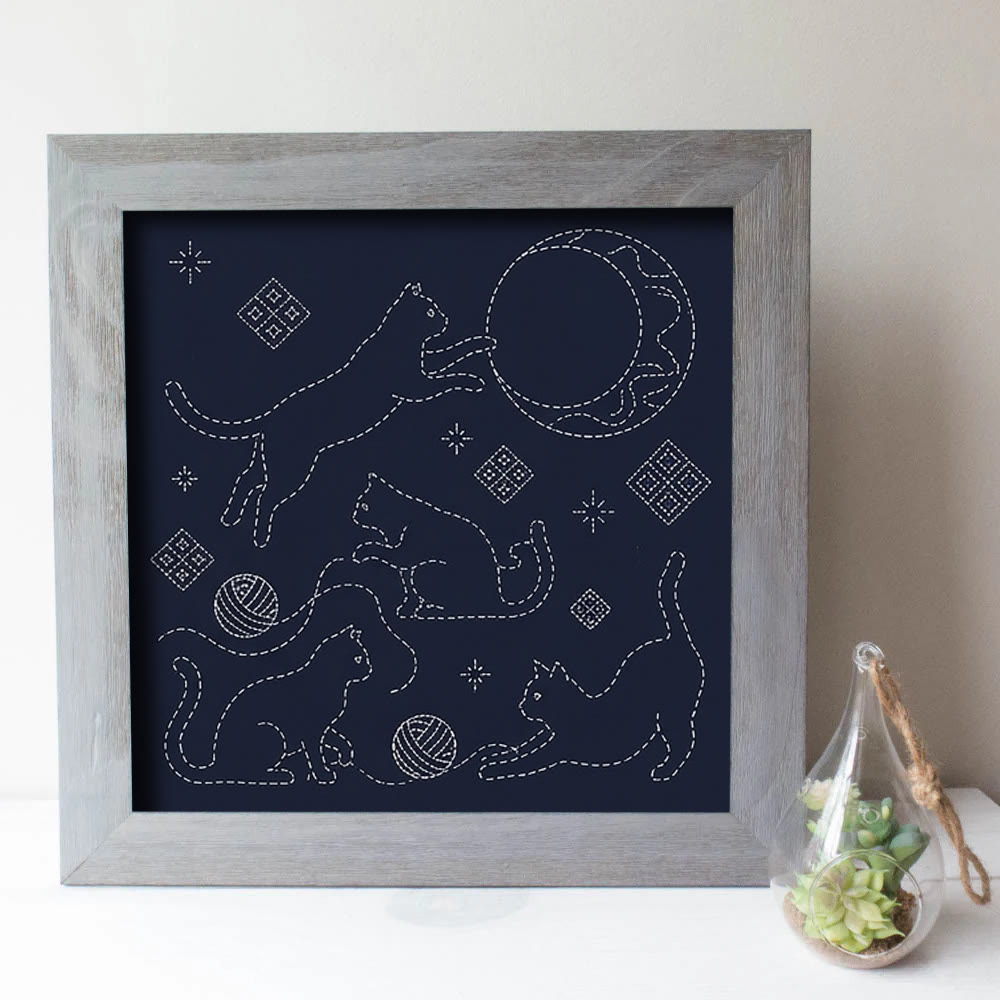 Rubbyoo Sashiko Embroidery Kit - Running and Sitting Cats | Modern Japanese Craft | Textile Wall Hanging - image 2