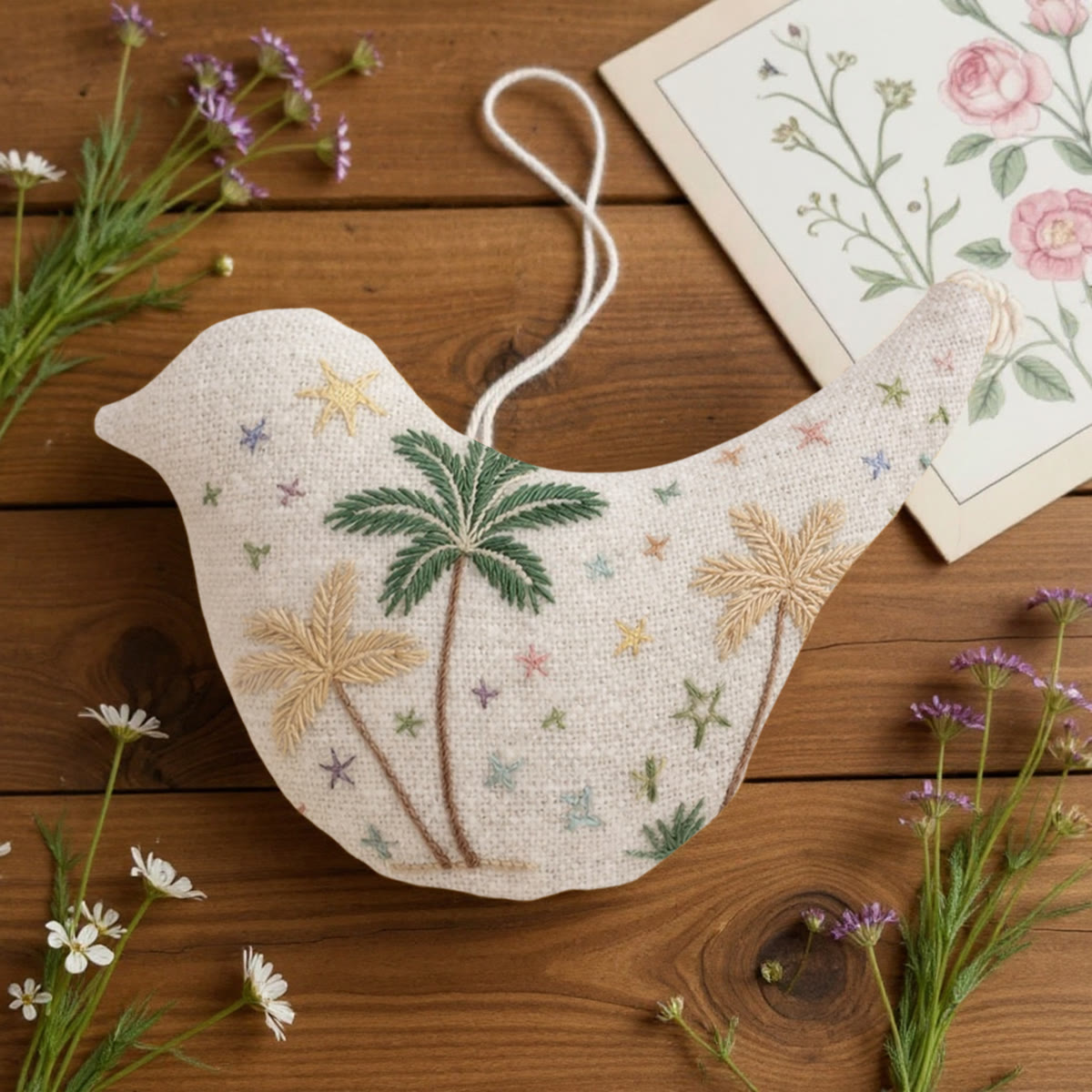 Rubbyoo Bird-shaped Embroidery Kit - Tropical Palm Tree And Stars  | Birthday Gift For Her | Coastal Cottagecore Bag Charm - image 2