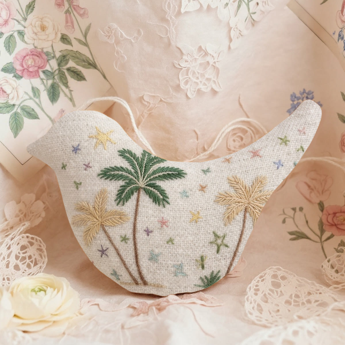 Rubbyoo Bird-shaped Embroidery Kit - Tropical Palm Tree And Stars  | Birthday Gift For Her | Coastal Cottagecore Bag Charm - 6 inches hoop kit - image 1