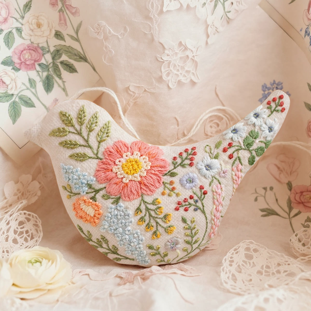 Rubbyoo Bird-shaped Embroidery Kit - Wildflower Garden Design | Diy Handmade Gift For Mom | Whimsical Wall Decor - 6 inches hoop kit - image 1