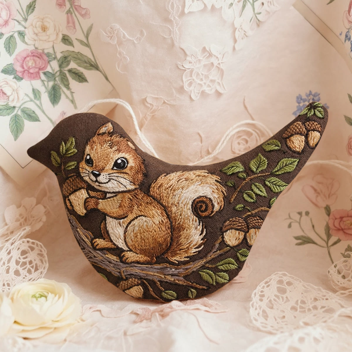 Rubbyoo Bird-shaped Embroidery Kit -  Squirrel And Acorn | Unique Woodland Gift For Her | Nursery Wall Decor - 6 inches hoop kit - image 1