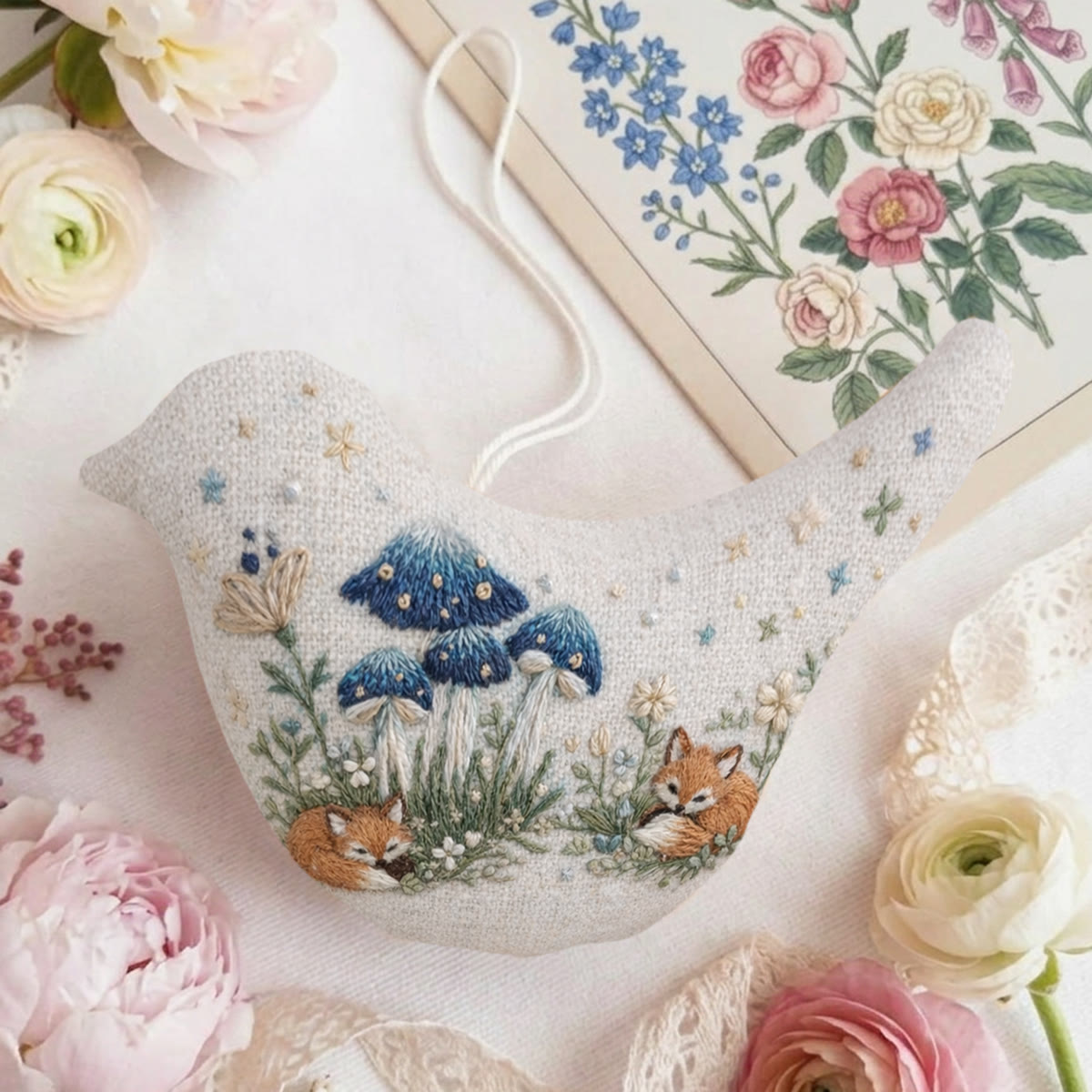 Rubbyoo Bird-shaped Embroidery Kit - Sleeping Fox And Mushroom | Woodland Fairy Tale Gift | Wall Gallery Decor - 6 inches hoop kit - image 1