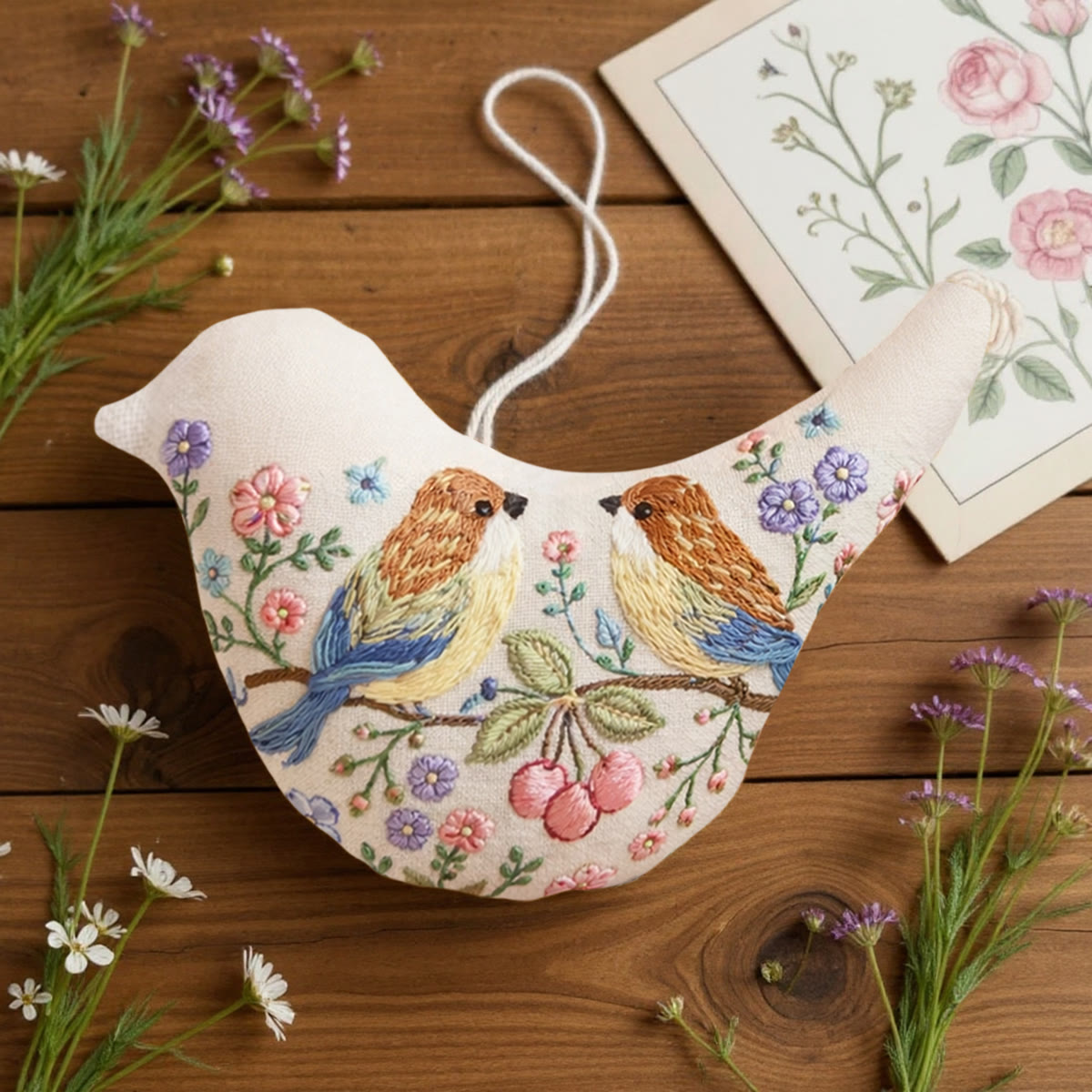 Rubbyoo Bird-shaped Embroidery Kit - Pair Of Birds With Berries | Unique Anniversary Gift For Her | Floral Home Decor - image 2