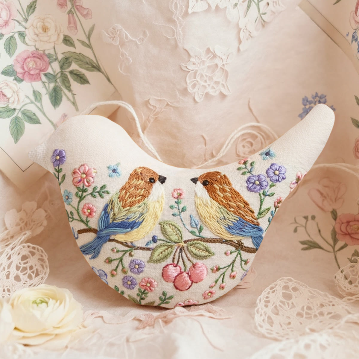 Rubbyoo Bird-shaped Embroidery Kit - Pair Of Birds With Berries | Unique Anniversary Gift For Her | Floral Home Decor - 6 inches hoop kit - image 1