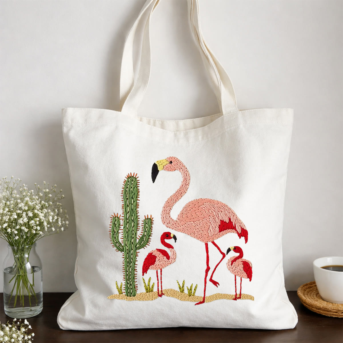 Rubbyoo Embroidery Tote Bag Kit - Elegant Flamingo | Unique Sewing Project | Aesthetic Mother's Day Gift - 11.8" × 13.8" - White - image 1