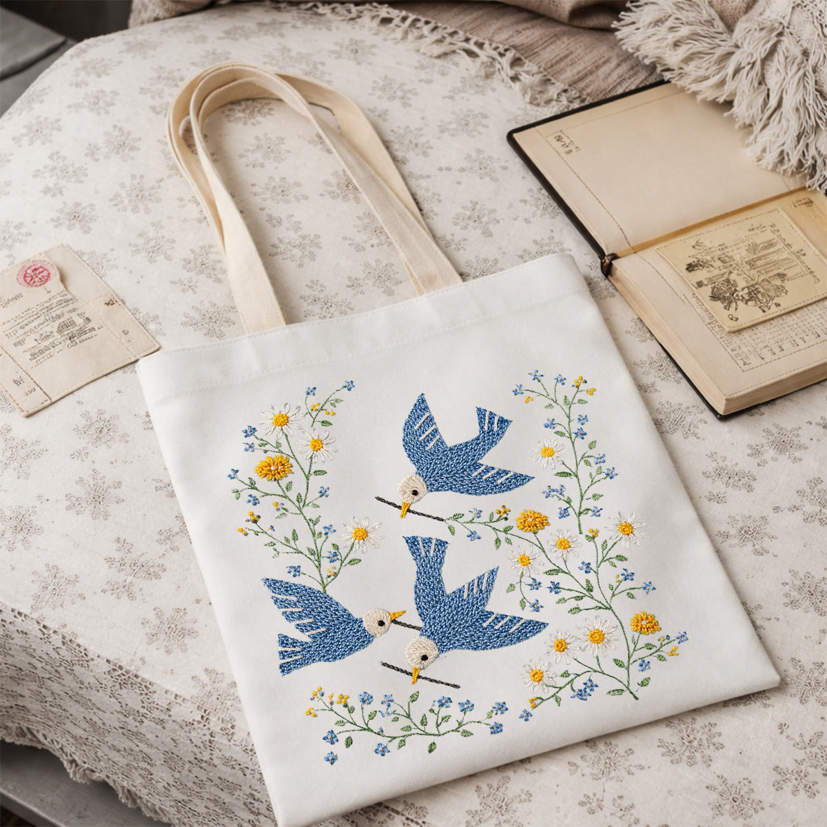 Rubbyoo Embroidery Tote Bag Kit - Bird With Daisies | Handmade Gift Idea |  Diy Craft For Her   - image 3